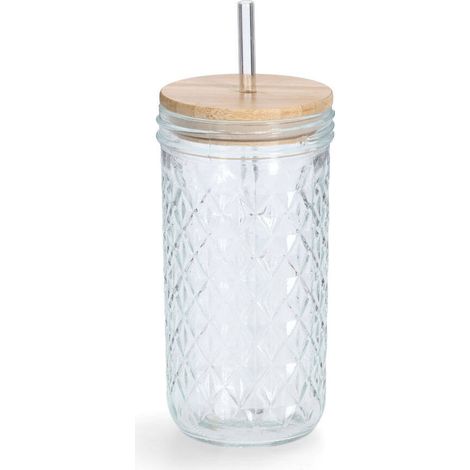 Trinkglas mit Metallstrohhalm und dichtem Bambusdeckel, 580 ml