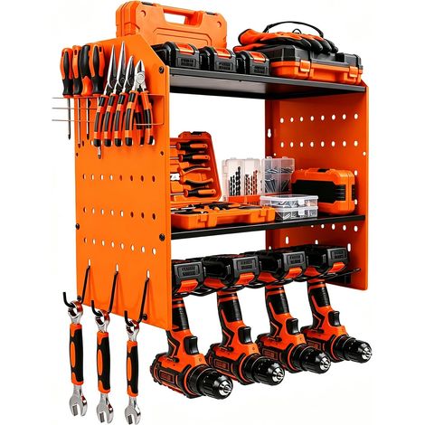 Support mural à 4 niveaux, rangement pour 5 outils électriques, perceuse à percussion, porte-outils pour garage et atelier, orange (1/5)