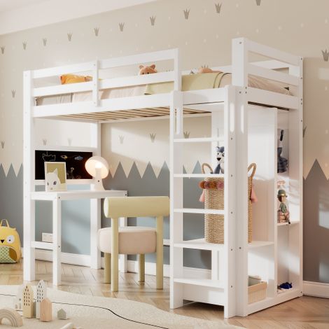 Lit enfant lit mezzanine avec bureau Armoire ouverte et étagères Lit enfant avec sommier à lattes et protection antichute Lit simple Surface de couchage 90x200 cm -109x206x184cm (LxLxH) -blanc (1/5)