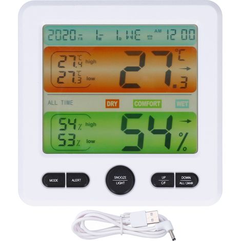 Réveil Digital LCD avec Thermomètre Hygromètre Blanc, Affichage Heure Température Humidité, Alarme Silencieuse, Design Mural ou de Table pour Intérieur (1/4)