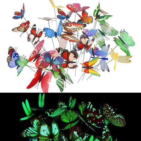 20 PCS Papillons de Jardins Coloré et 10 PCS Libellules de Jardin sur Bâtons, Papillons de Jardin déco Lumineux Imperméable Papillon sur Bâtons pour Extérieur, Balcon