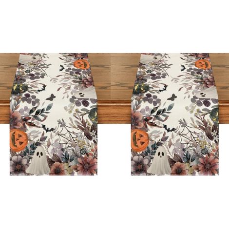 Camino de mesa de Halloween, decoración de mesa para el hogar y fiestas - 33 x 183 cm, diseño de calabaza, flor y fantasma (2 piezas) (1/5)