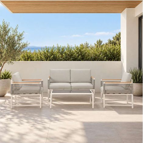 Domo Mea Salotto da Giardino Tavolara in Alluminio Bianco e Fune Beige