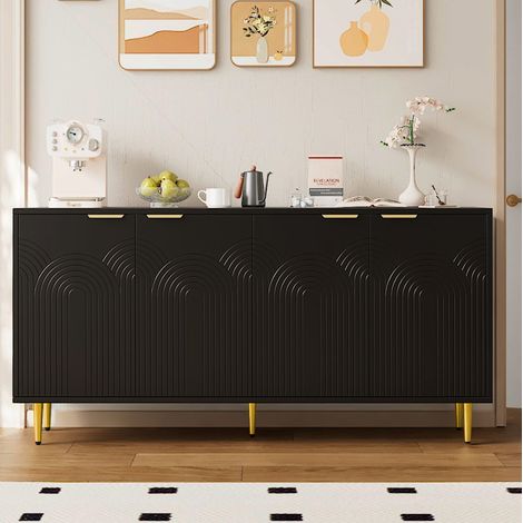 Credenza in MDF e truciolare nera 160 x 40 x 80 cm, 4 ante, ripiani regolabili, maniglie oro spazzolato (1/5)