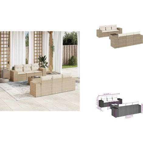 7-tlg. Garten-Sofagarnitur mit Kissen Beige Poly Rattan - Gartenmöbel Set - PE-Rattan Möbel - Outdoor Lounge - Esstisch - Sofasitzgruppe