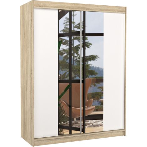 Armoire de chambre naturel 2 portes coulissantes bois blanc et miroir Zomka 150cm (1/5)