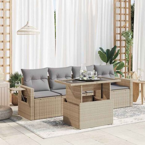 Salon de Jardin 5 Places en Résine Tressée Beige avec Table Relevable et Coussins Gris (1/5)