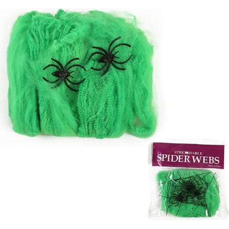Toile d'araignée extensible d'Halloween - WINLLINEE - 100 g - 10 araignées vertes - Décoration murale (1/3)