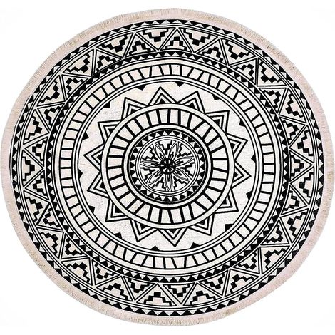 Tapis rond, 120 cm, tapis rond à franges, antidérapant, tissé à la main et facile à nettoyer, motif mandala bohème, tapis en coton-Fei Yu (1/5)
