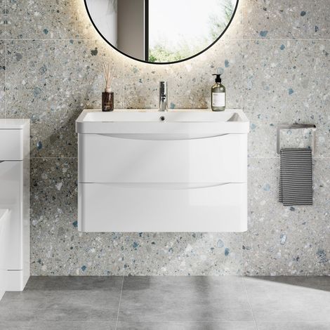 800mm Bathroom Vanity Unit Wall Hung Furniture Cabinet Basin Soft Close White (1/5)