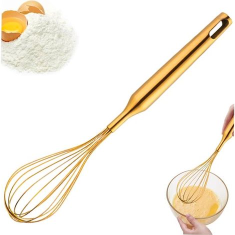 Frusta in acciaio inox, ideale per cucinare, mescolare e cuocere al forno, con 12 fili, 30 cm, colore oro. (1/5)