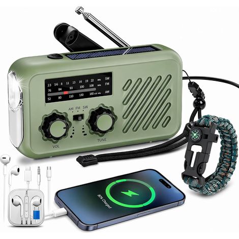 Radio Portable Urgence, Radio de Survie AM/FM Solaire & Dynamo, Powerbank 2000mAh, Lampe LED Torche + Lecture, Alarme SOS - 4 Modes de Charge, Idéale Camping, Panne de Courant, Voiture (1/5)