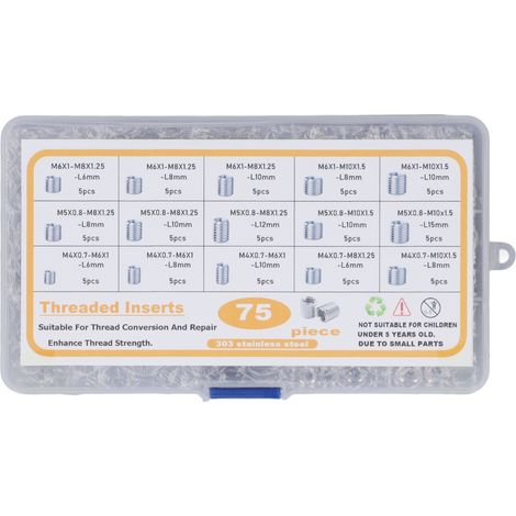 Lot de 75 inserts filetés taraudés acier inox 303 pour réparation de filetage avec boîte (1/5)