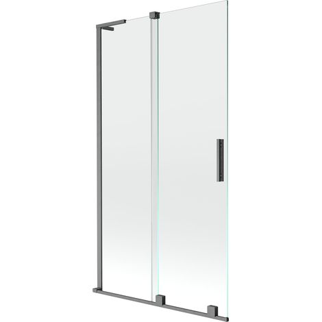 Mexen Velar L paravento da vasca da bagno a 2 pannelli scorrevoli 100 x 150 cm, trasparente, grigio canna di fucile spazzolato (1/5)