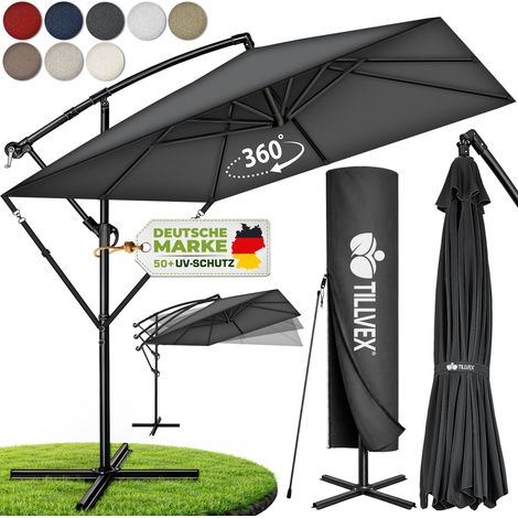tillvex® Alu Sonnenschirm Rechteckig Ø 330 cm Grau + Abdeckung mit Kurbel Ampelschirm Eckig mit Ständer & Windschutz Gartenschirm UV-Schutz Aluminium Kurbelschirm Marktschirm wasserdicht 360° drehb