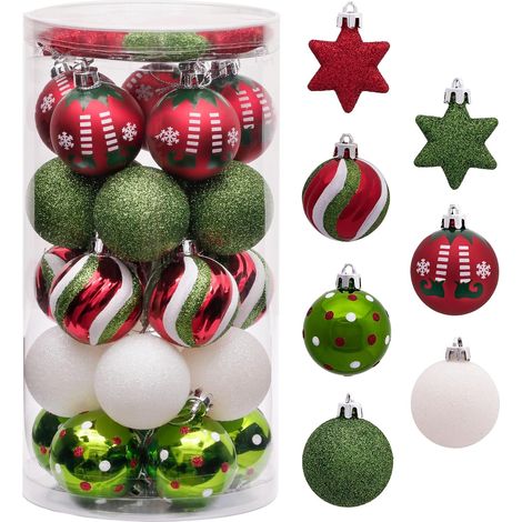 35pcs 5cm Boules de Noël Rouge Vert Blanc Motif, Ornements en Plastique Incassables pour la Décoration d'arbre de Noël, Boule d'arbre de Noël Décor d'ornement de Fête à Suspendre (1/5)