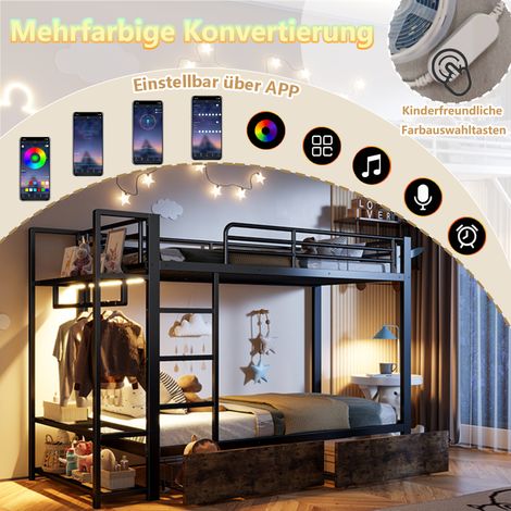 Lit superposé 90x200 cm, cadre en acier, 2 tiroirs, étagères multiples, éclairage LED, armoire, matelas exclu, noir (1/5)