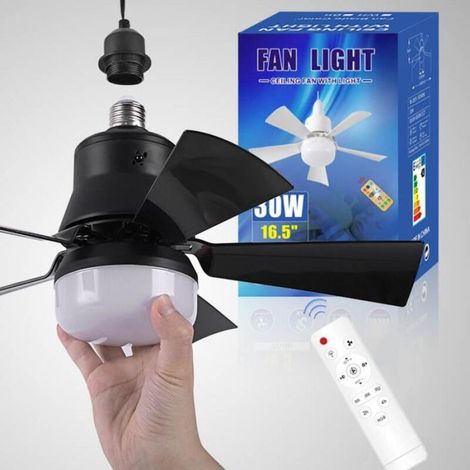 Ventilateur de plafond à cinq feuilles E27 à visser avec pales amovibles + base 40W noir (1/5)
