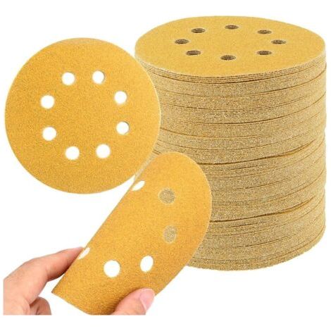 Lot de 50 disques abrasifs de 125 mm, 5 disques de ponçage ronds à 8 trous de 12,7 cm (sable jaune) (1/5)