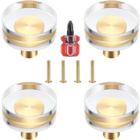 Set di 4 pomelli per porte in cristallo trasparente e ottone per armadi, cassetti, credenze e mobili - 30x27 mm (30x27 mm)
