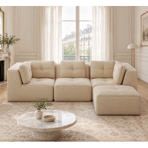 Modulares L-Ecksofa mit Ottomane, 297 x 177 x 69 cm, Cord, Beige, 3-Sitzer, REDOM (1/5)