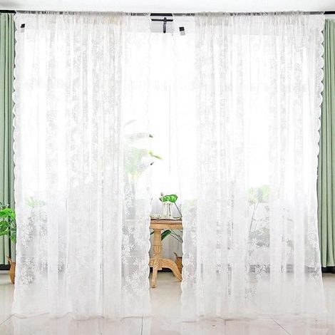 Rideau en voile de dentelle blanche brodé de fleurs avec fourreau pour tringle KLB (1/5)