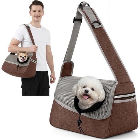 Sac de transport pour animaux JeiibrZui - 36 x 19 x 21 cm - 1 pièce - Convient aux chiens et chats jusqu'à 5 kg - Marron café - Maille respirante - Bandoulière réglable - Clip de sécurité (1/5)