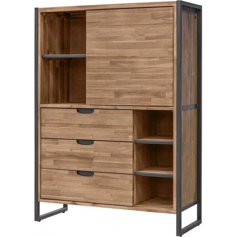 Étagère 3 tiroirs 5 niches 1 porte en bois d'acacia et métal - MAYBEL (1/5)