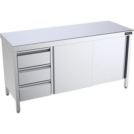 Table Inox centrale avec portes coulissantes et tiroirs à gauche - Gamme 700 - Distform