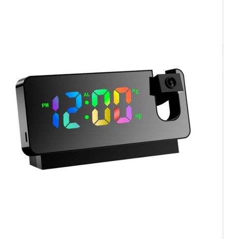 Réveil projecteur, miroir avec affichage température, écran LED rotatif 180°, USB, projection plafond, chambre (1/5)