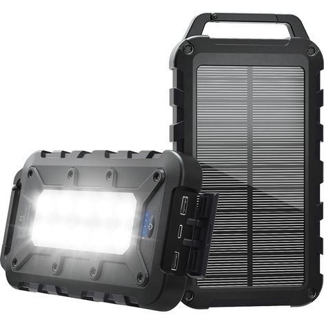 Batterie Externe Solaire 10000mAh PD 22,5W Chargeur Solaire avec 2 Ports USB et Une Entrée USB-C Charge Rapide Batterie Solaire Imperméable Compatible avec Téléphone Tablette Camping Noir (1/5)