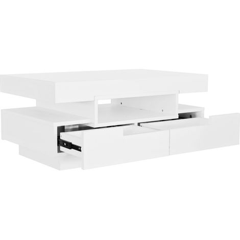 Mesa de centro con 4 Cajones y 3 Huecos Abiertos, Tira LED, Acabado Blanco Brillo, Estilo Moderno, en Tablero de partículas, 80×50×36 cm (1/5)
