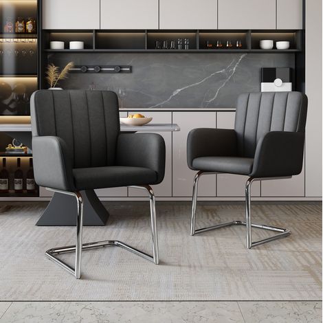 Lot de 6 chaises de salle a manger en similicuir noir, accoudoirs, dossier ergonomique en Z, structure metal (1/5)