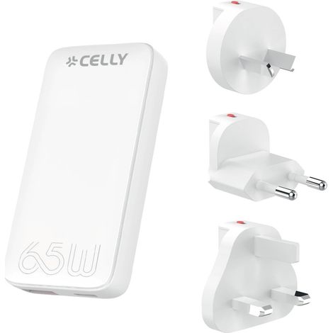 Celly TCTRAVELUNI65W - Cargador universal de viaje, carga rápida con tecnología GaN, toma múltiple para ahorrar espacio, enchufe USB-C y USB-A, adaptador universal EU/UK/AUS/US
