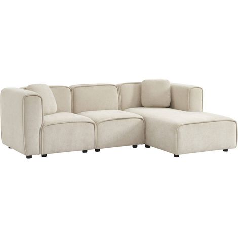 sweeek - 3-Sitzer Ecksofa Recamiere rechts Stoffbezug 2 quadratische Kissen, Stoff, Beige