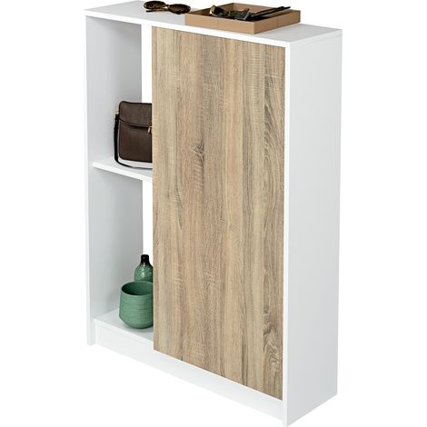 Pegane – Meuble à chaussures 1 porte blanc brillant/cambrian – Dimensions 110 x 80 x 25 cm – Panneaux de particules haute densité – Capacité 6 paires (1/2)