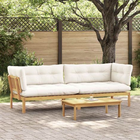 Canapé d'Angle de Jardin en Palette Bois d'Acacia Massif Marron Clair et Blanc Crème - PANGIVO (1/5)