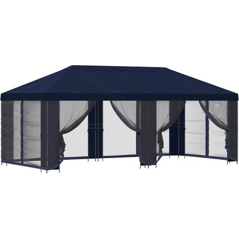 Un gazebo avec parois latérales, 6 x 3 mètres, fibre de polyester bleue et structure en acier, 190 cm. (1/5)