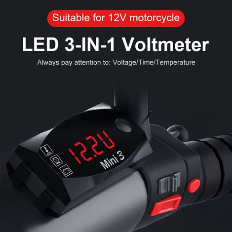 Zoternen Compteur de moto 3 en 1, horloge numérique à LED, thermomètre, voltmètre, tension, moniteur de batterie étanche, jauge 6-30 V, pour voiture, bateau (1/5)