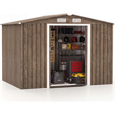 Abri de jardin métallique verrouillable avec sol inclus, 259 x 196 x 184 cm, capacité 7 m³, finition imitation bois marron clair, abri de rangement pour outils, vélos et tondeuse (1/3)