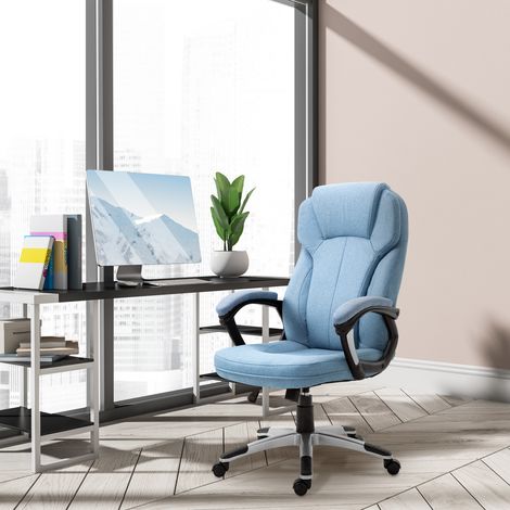 Sedia da ufficio Vinsetto, sedia per computer, sedia girevole, regolabile in altezza, con funzione dondolo, poggiatesta e braccioli imbottiti, ergonomica, lino azzurro, 66 x 75 x 110–120 cm (1/5)