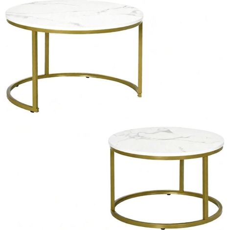 Set de 2 tables d'appoint gigognes rondes en métal doré et MDF blanc imitation marbre (1/5)
