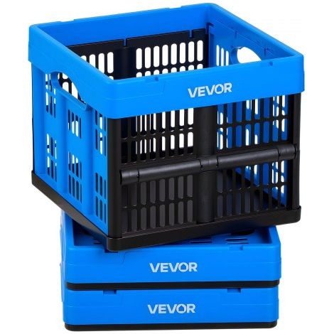 Cajas de Almacenaje Plegables de Plástico 25 L, 3 Unidades, Contenedores de Almacenaje sin Tapa, con Asas, Soporta 10 kg, Ahorra Espacio para Organización Camping Coche Hogar, Color Azul y Negro (1/5)