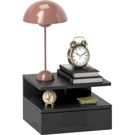 Comodino sospeso con cassetto e ripiano aperto in legno, 35 x 32 x 22,5 cm, nero lucido (1/5)