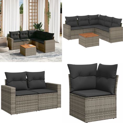 6-tlg. Garten-Sofagarnitur mit Kissen Grau Poly Rattan - Gartenmöbel Set - Esszimmergarnitur Outdoor - Lounge Möbel - Rattan Gartenset - Balkonmöbel - Home & Living (1/5)