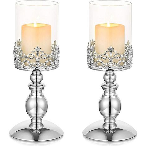 Élégants bougeoirs piliers argentés - Lot de 2 Bougeoirs ouragan en verre stylés pour la décoration intérieure Parfaits pour les centres de table de mariage - Hauteur : 26 cm (1/5)