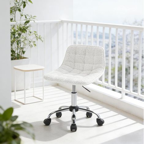 Silla de oficina giratoria, asiento de chenilla, altura ajustable, base metálica con ruedas, blanca (1/5)