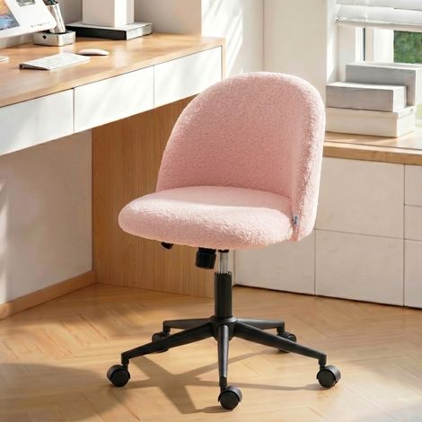 Chaise de bureau pivotante 52x59x84,5 cm en tissu peluche rose, hauteur réglable, bureau FloraGrace (1/5)