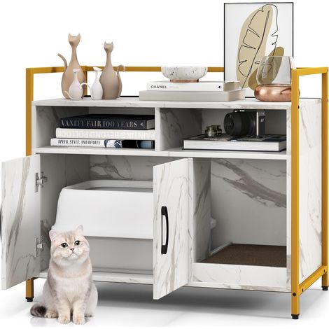 COSTWAY Mobile per Lettiera Gatti con Ripiani Aperti e Ripiani Chiusi con Maniglie, Mobiletto Multiuso in Legno e Metallo, Ideale per Ingresso e Soggiorno, Portata 50 kg (Bianco+Nero) (1/5)