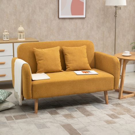 Canapé 2 places HOMCOM, velours, 2 coussins, jaune, 130 x 70 x 80 cm (1/5)